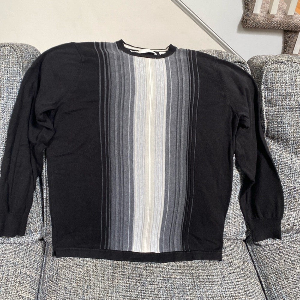 Vintage Perry Ellis Black Crewneck Striped Classic Sweater, Size Men's L.